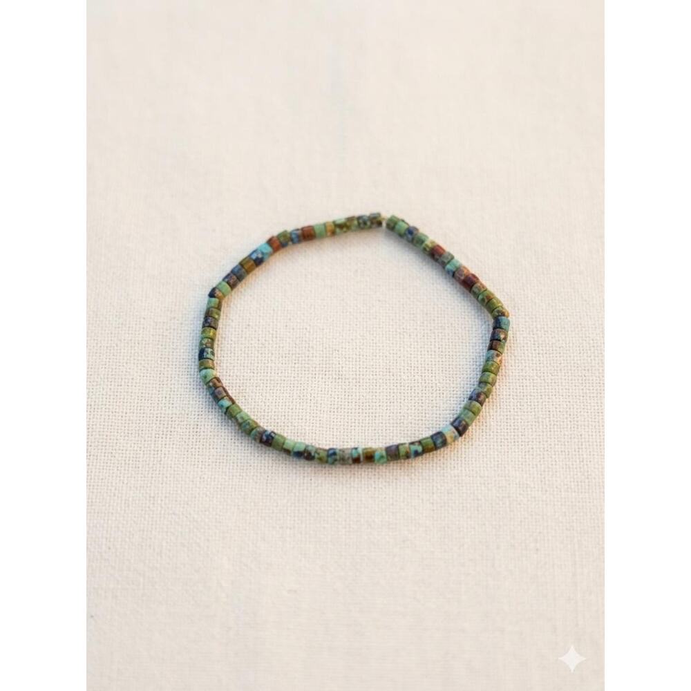 Natural Turquoise Heishi Bead Stretch Bracelet | 2mm Cube Beads | Boho Southwest